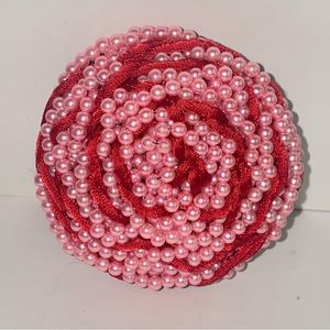 Vintage Beaded Rosette 3" Statement Belt Buckle Red with Pink Pearlescent Beads